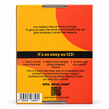 The back of a cardboard POOZ pet worming treatment box, featuring a bright yellow and orange design with black text, a barcode, and a QR code.