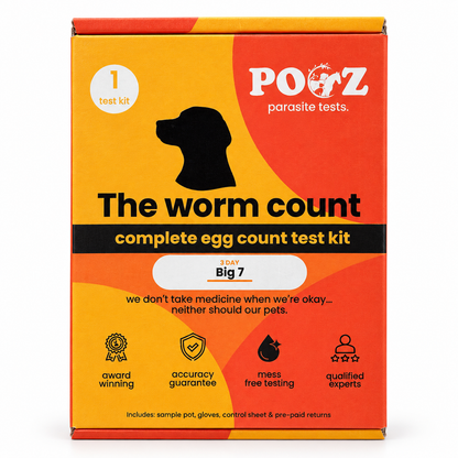The Worm Count Complete Egg Count Test Kit box by Pooz Parasite Tests, featuring a bright orange and yellow design with a black dog silhouette and product details.