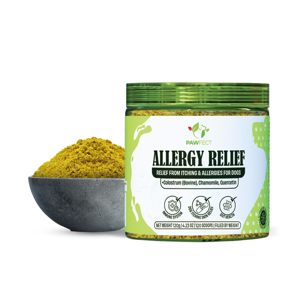 tub of Pawfect Allergy Relief Food topper on white background
