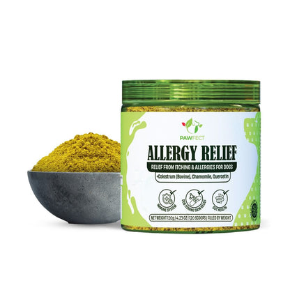 tub of Pawfect Allergy Relief Food topper on white background