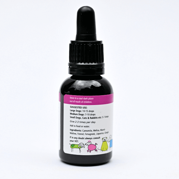 "Tum Ease Herbal Digestive Aid bottle for dogs with instructions and ingredients displayed on label"