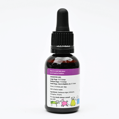 Immune Plus liquid herbal supplement for dogs in a dropper bottle, showcasing suggested use and ingredients.