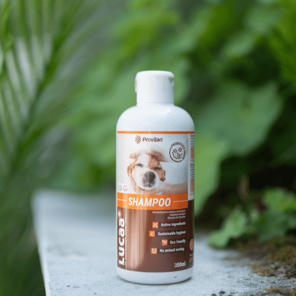 LUCAA+ Pet Probiotic Shampoo bottle with eco-friendly design and sustainable ingredients on a nature backdrop.
