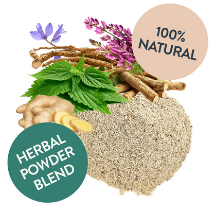 A picture of various herbs 100% natural herbal powder blend on a white background.