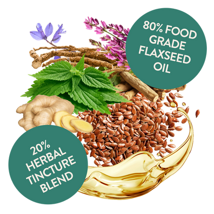 Contains 80% food grade flaxseed oil and 20% herbal tincture blend.
