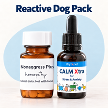 Two supplement bottles on a clean white background with a pale blue graphic shape behind them. The left bottle is amber glass with a white cap and a white label reading 'Nonaggress Plus homeopathy tablet daily.