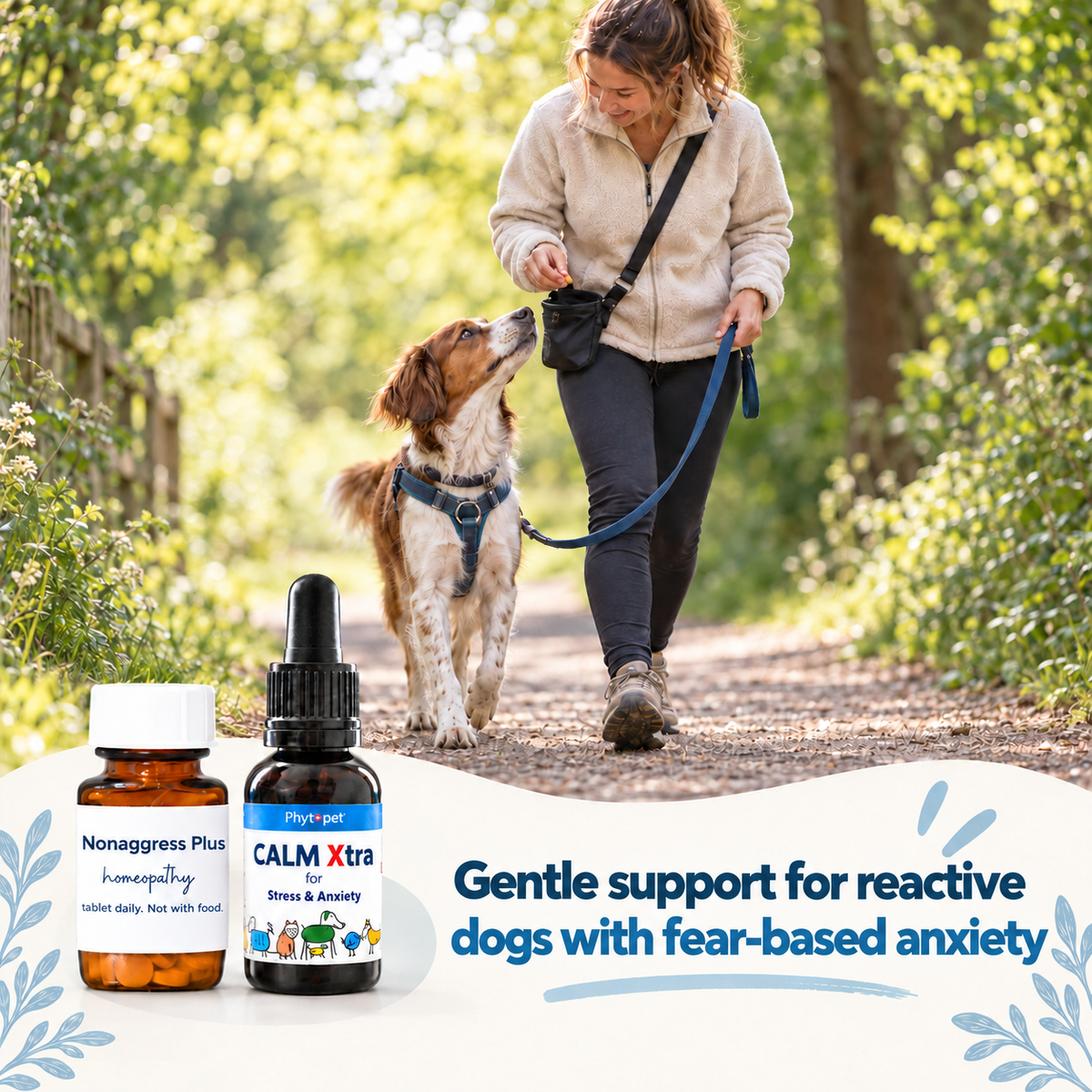 Woman walking dog with Reactive Dog Pack pictured in overlay. 