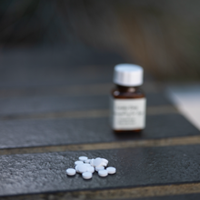 Bereavement Special tablets for dogs grieving a loss, with a bottle and tablets displayed on a wooden surface.
