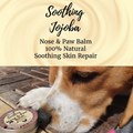 Image of the nose and paw balm with a dog sniffing the product.