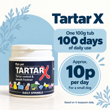 A jar of Tartar X daily sprinkle for pet teeth cleaning and breath freshness, shown on a white background with promotional text highlighting 100 days of use and a daily cost of 10p.