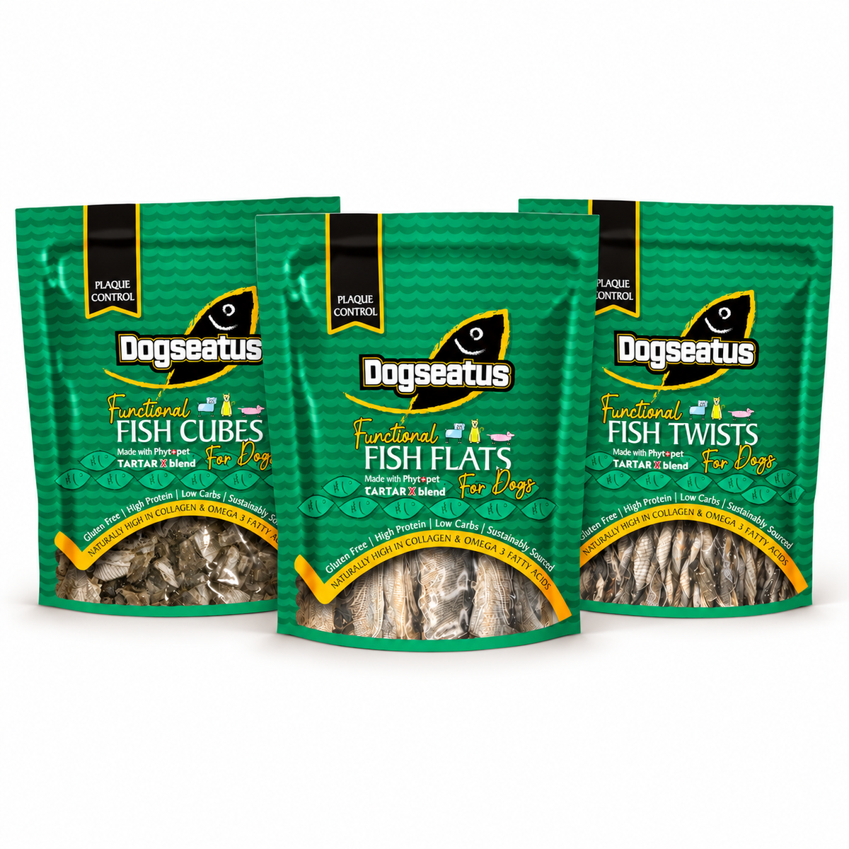 Three bags of Dogseatus Functional Fish Cubes, twists and Flats for Dogs, arranged in a fan-like product display on a clean white background.