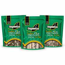 Three bags of Dogseatus Functional Fish Cubes, twists and Flats for Dogs, arranged in a fan-like product display on a clean white background.