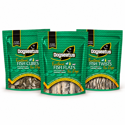 Three bags of Dogseatus Functional Fish Cubes, twists and Flats for Dogs, arranged in a fan-like product display on a clean white background.