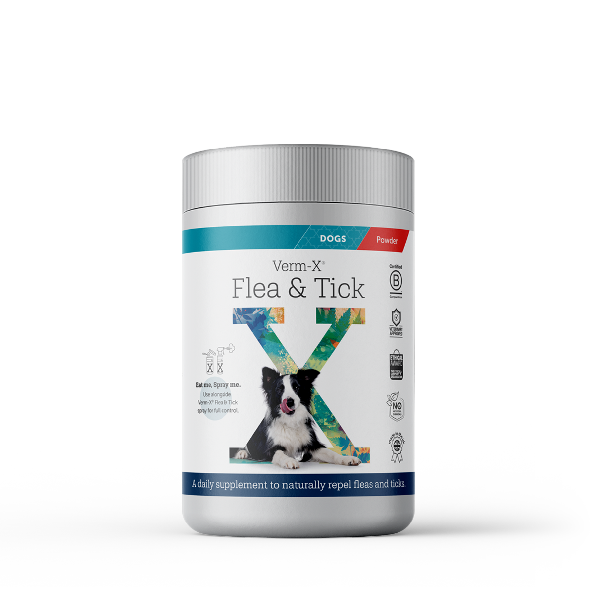 A white 70g tub of Verm-X Flea & Tick Powder for dogs, with a grey screw-top lid. The label features the product name, a black-and-white dog sitting in front of a large green and blue letter X, and text describing it as a daily supplement to naturally repel fleas and ticks. Badges on the right indicate certifications and that the product contains no artificial ingredients.