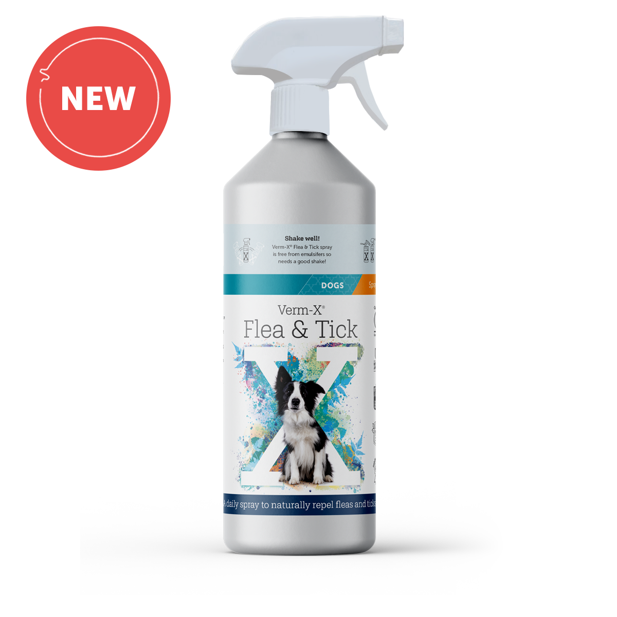 A white 250 ml trigger-spray bottle of Verm-X Flea & Tick Spray for dogs, with a white spray nozzle. The bottle has a blue and white label featuring the Verm-X logo, a black-and-white dog sitting in front of a large stylised X, and text describing it as a daily spray to naturally repel fleas and ticks.