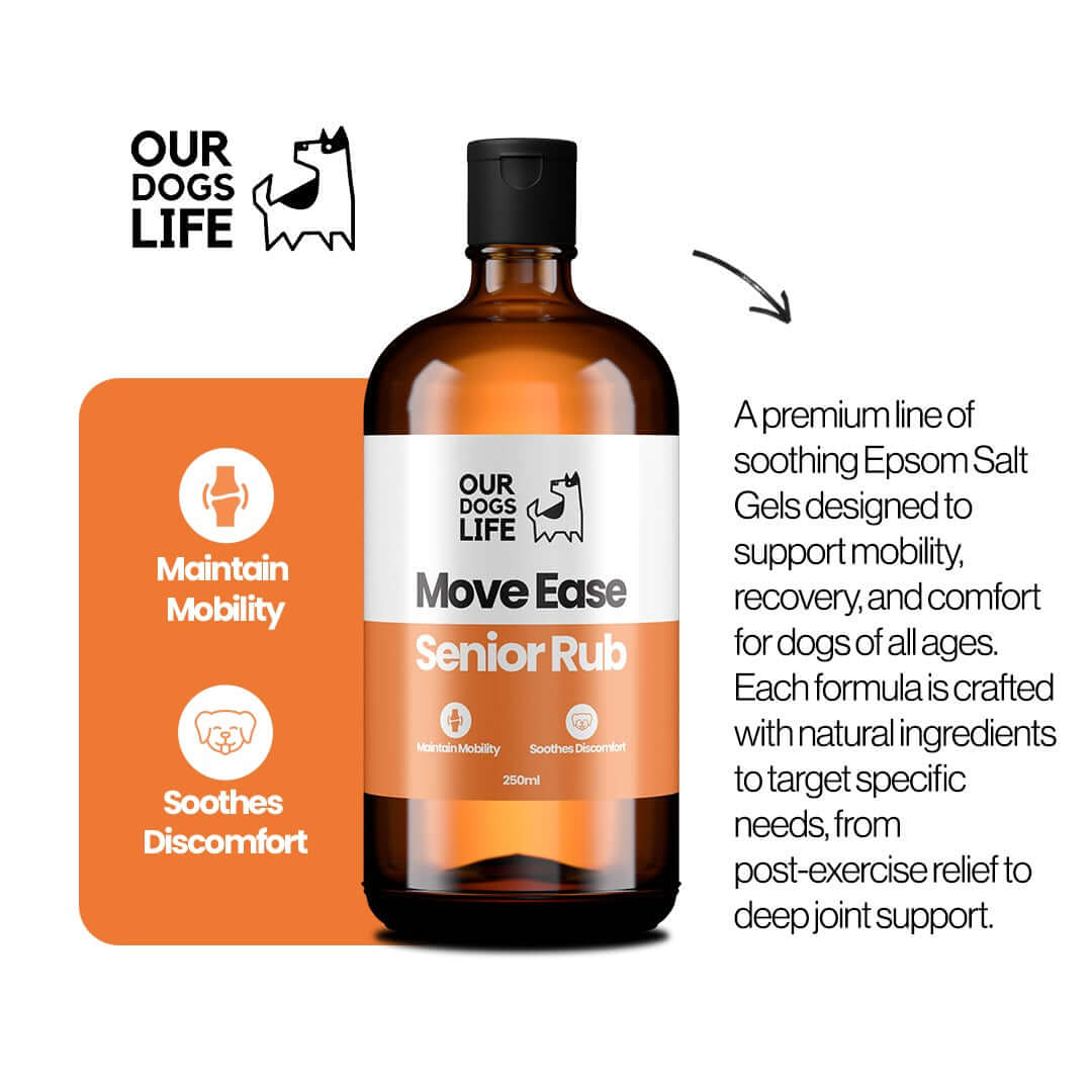 Move Ease Senior Rub for dogs, Epsom salt gel for mobility and recovery, promotes joint comfort.