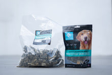 White fish skin treats for dogs in a clear bag and a sealed pouch, promoting dental health and low-calorie nutrition.