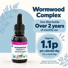 A bottle of Wormwood Complex for intestinal hygiene shown on a clean white background with promotional text showing the price per day. 