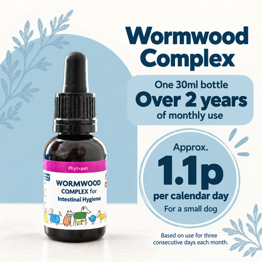 A bottle of Wormwood Complex for intestinal hygiene shown on a clean white background with promotional text showing the price per day. 
