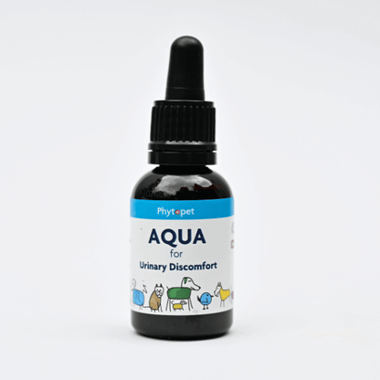 Aqua Herbal Remedy for Dogs with Urinary Discomfort - Bottle of liquid herbal formula for soothing urinary tract infections.