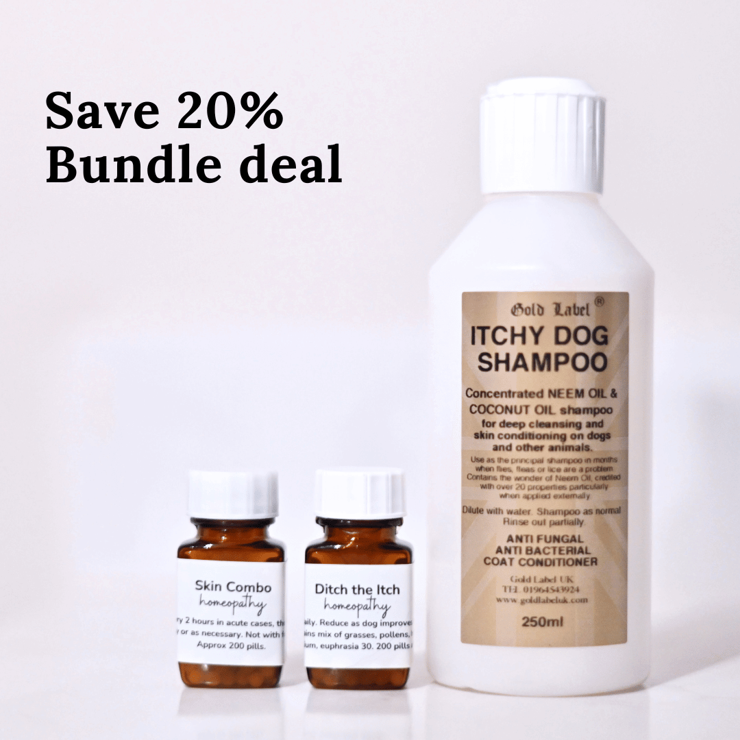 "Save 20% on Itchy Dog Shampoo Bundle with neem and coconut oil for sensitive skin and allergy relief in dogs"