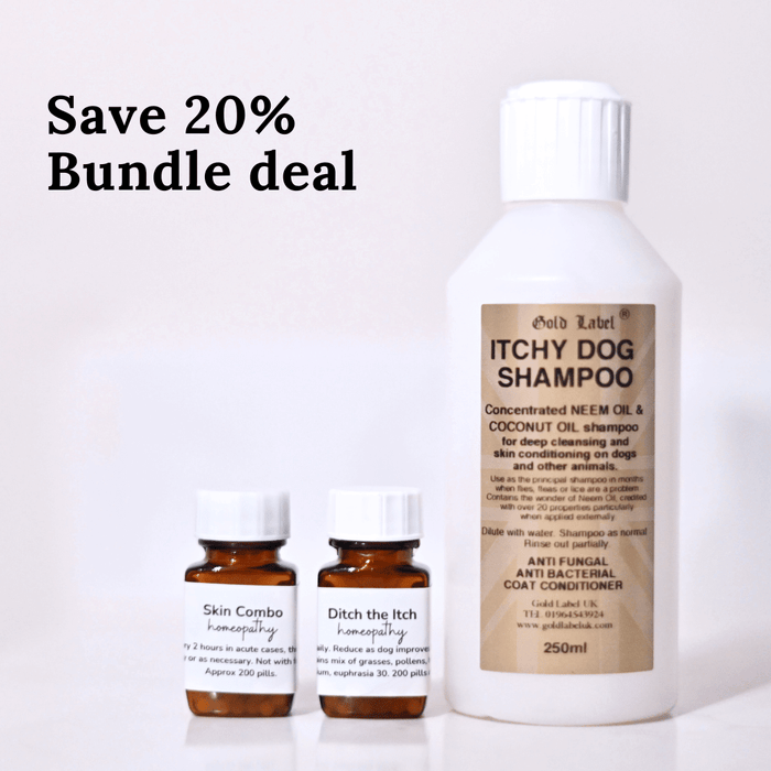 "Save 20% on Itchy Dog Shampoo Bundle with neem and coconut oil for sensitive skin and allergy relief in dogs"