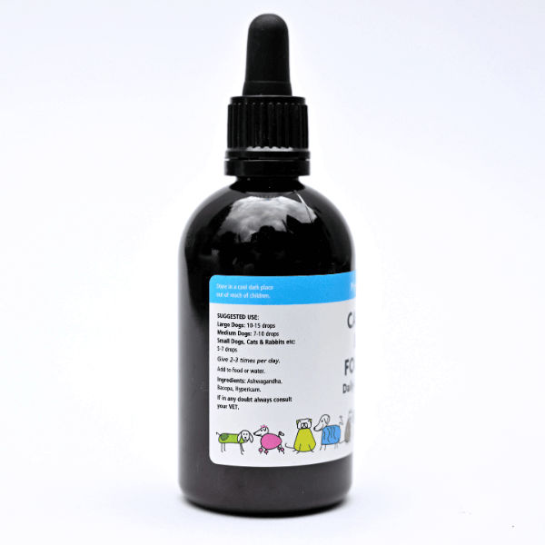 Herbal tincture bottle "Calm and Focus" for calming anxious dogs naturally, supporting mental clarity and emotional well-being.