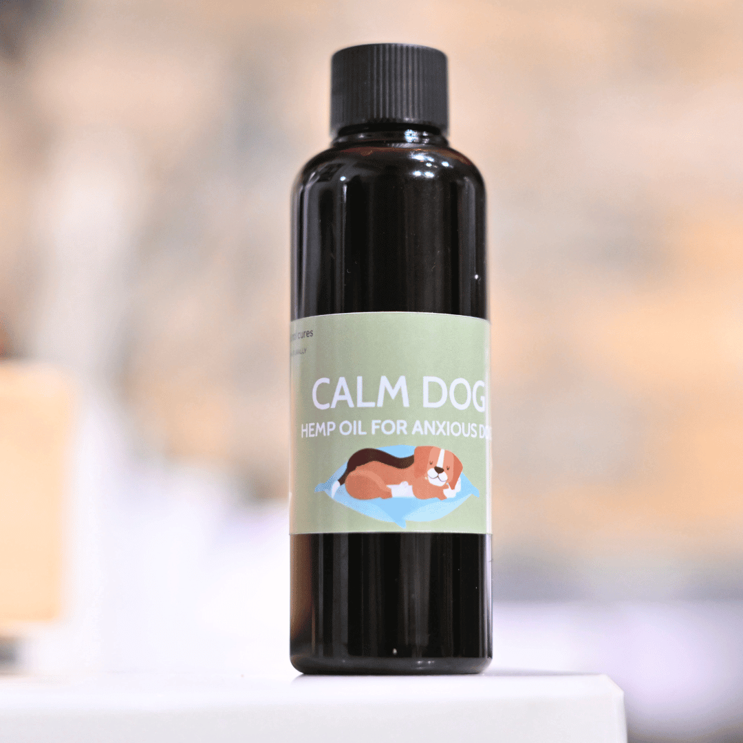 Calm Dog Hemp Oil 100ml for anxiety relief, promotes healthy coat, skin, and joints in dogs.