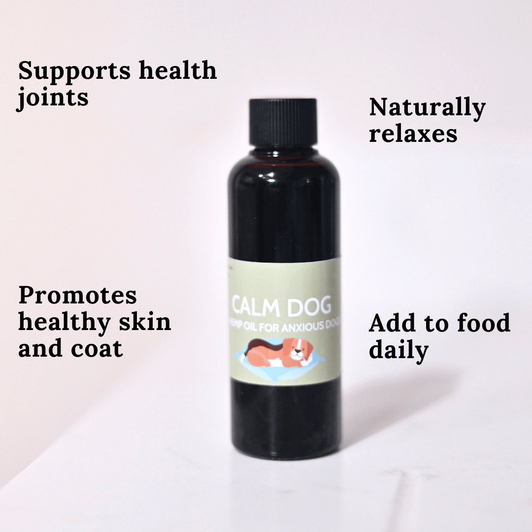 Calm Dog Hemp Oil bottle 100ml supports joints, relaxes naturally, promotes healthy coat, and can be added to food daily.