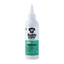 Buddy Ear Cleaner bottle with applicator, 200ml, soothing aloe vera formula, pH-balanced, reduces wax and irritation, gentle for dogs.