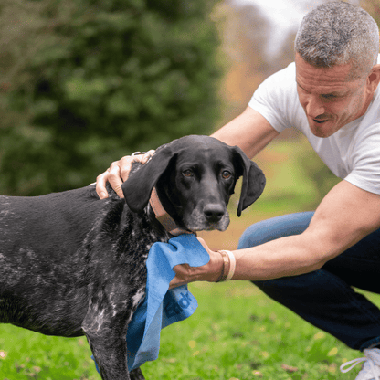 Man drying a black dog outdoors with an easidri towel