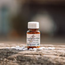 A small amber bottle labeled Endocrine Plus with a white cap, standing on a rustic wooden surface with white tablets scattered around it. The background is softly blurred.