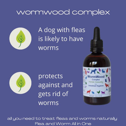 Natural flea and worm treatment for dogs with Wormwood Complex product showcasing benefits in purple background