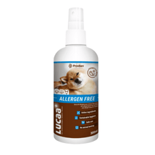 Lucaa+ Pet Probiotic Allergen-Free Skin Spray bottle for itchy skin relief in pets, 300ml size.