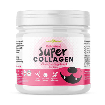 Super Collagen supplement for dogs in a jar, promoting joint, skin, and gut health.