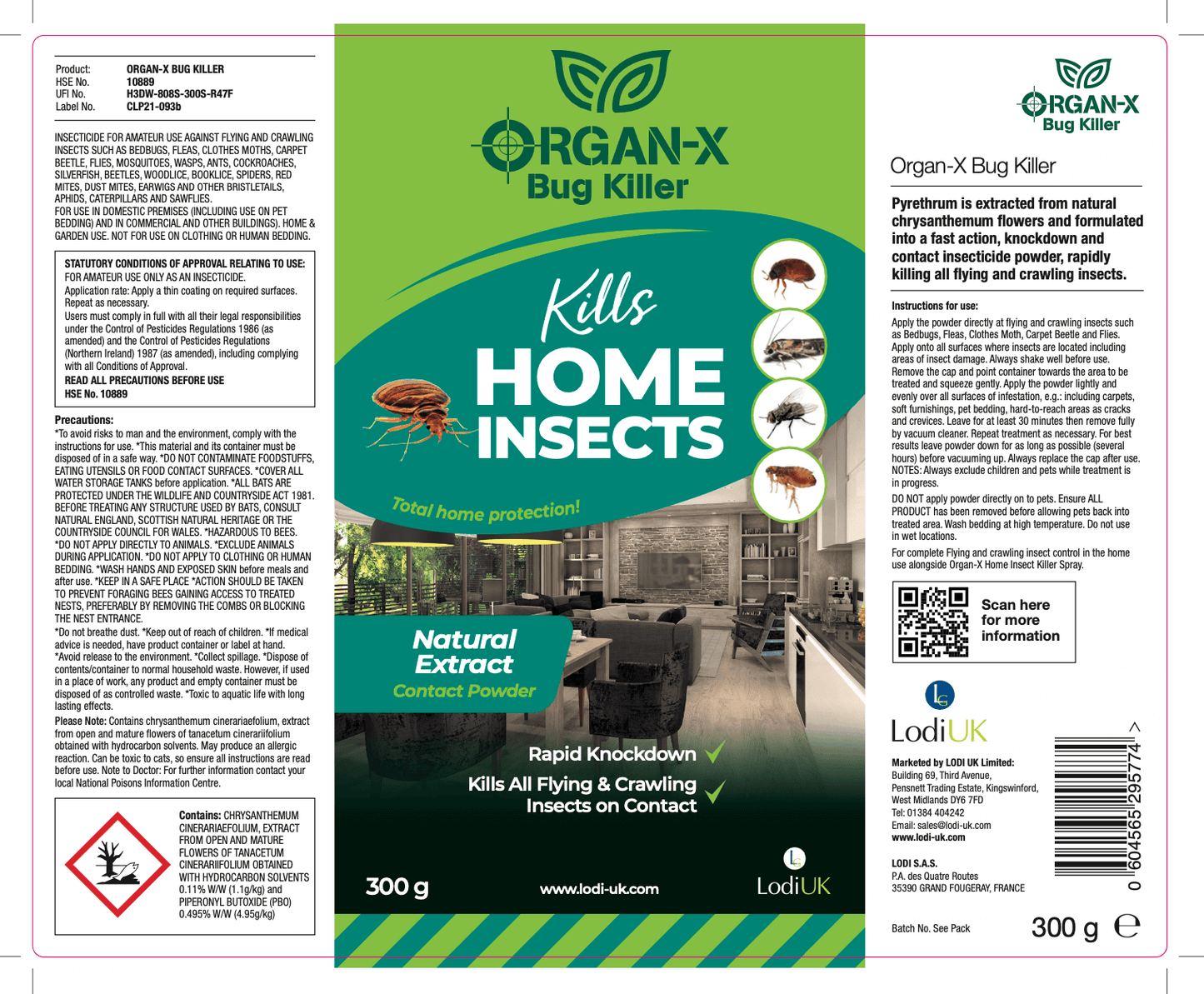Organ-X Bug Killer powder label showcasing natural insect control and protection for home against pests.