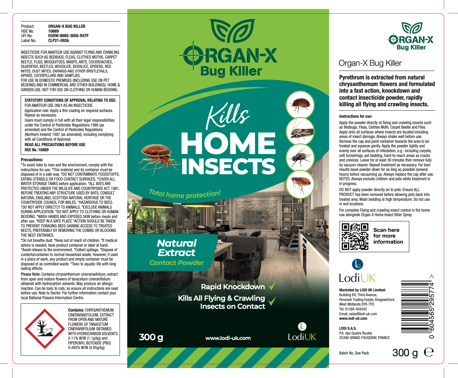 Organ-X Bug Killer powder label showcasing natural insect control and protection for home against pests.