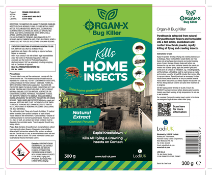 Organ-X Bug Killer powder label showcasing natural insect control and protection for home against pests.