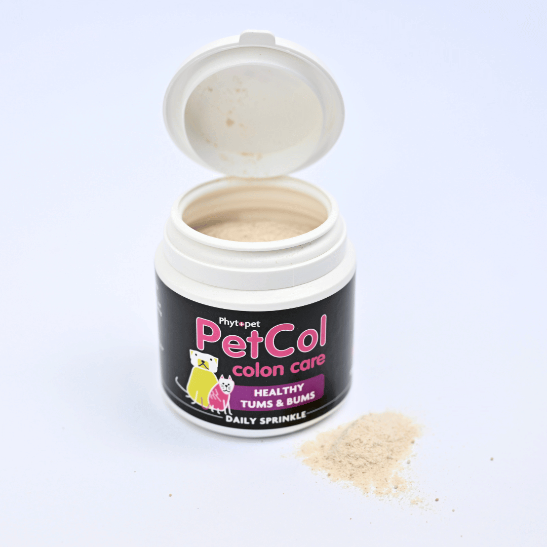 PetCol colon care supplement for dogs, open container with powder, helps support healthy digestive function and prevents scooting.