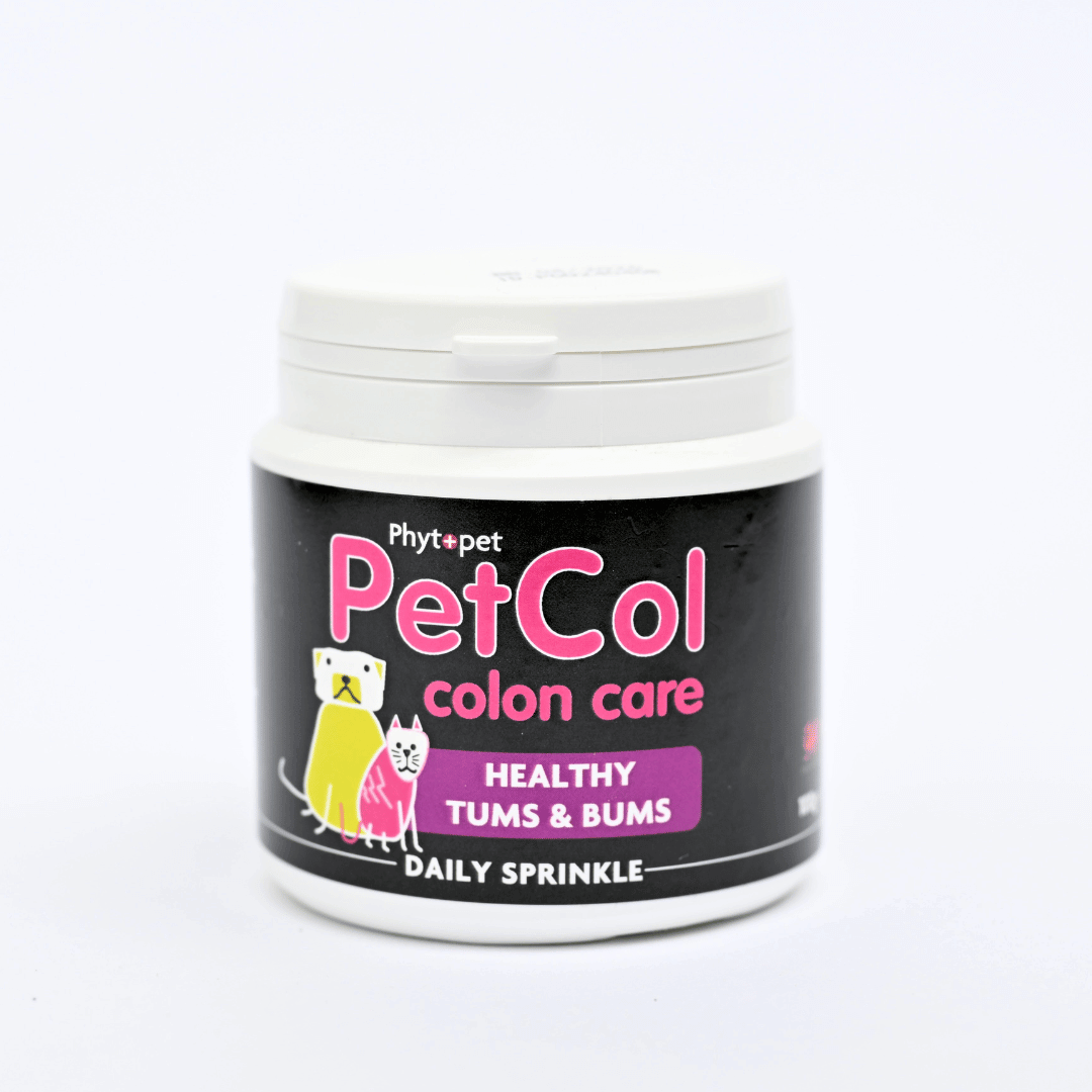 PetCol colon care supplement container for dog anal gland relief and healthy digestion.