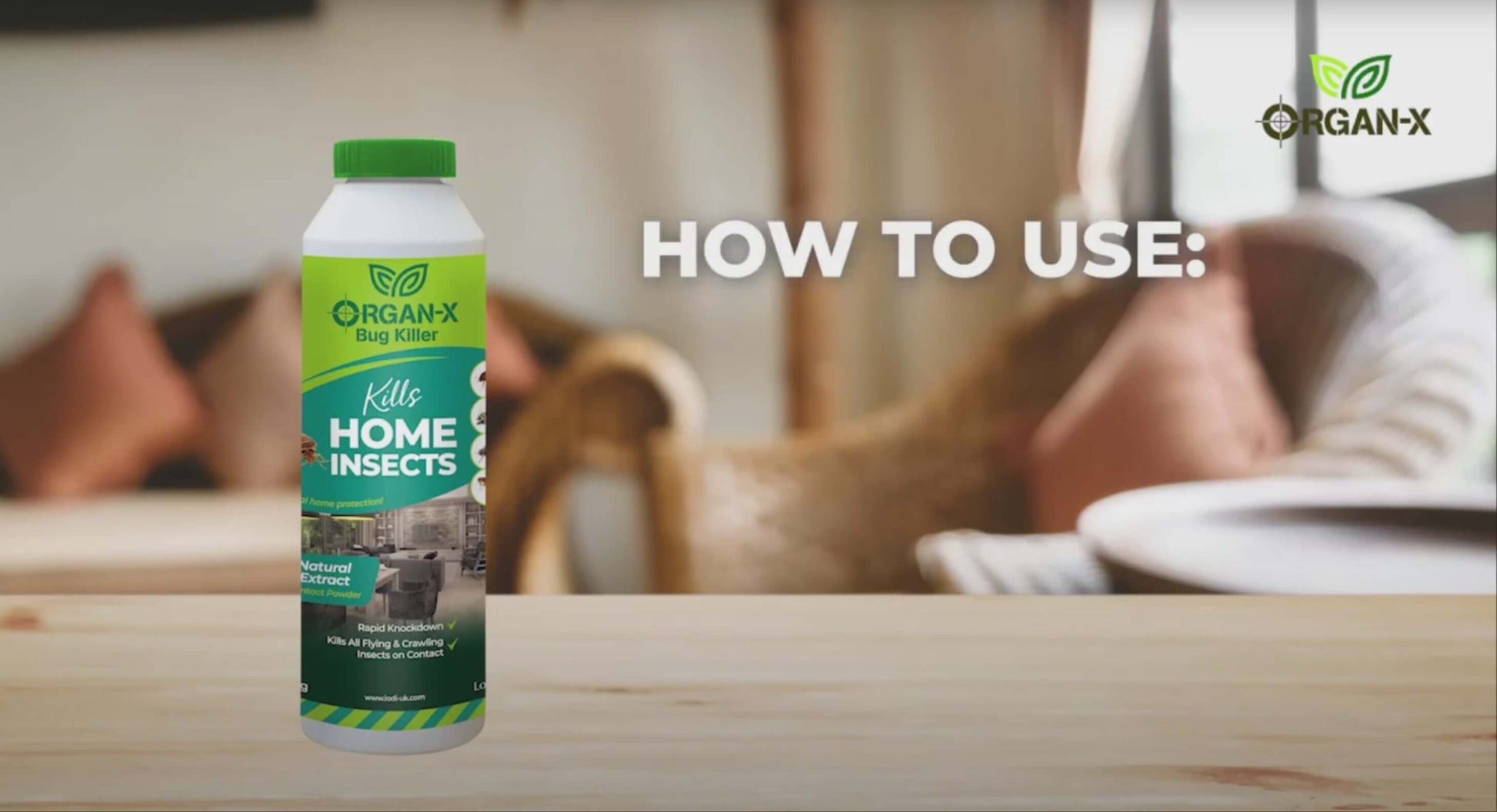 Organ-X Bug Killer powder bottle on a table with instructions on how to use against home insects.