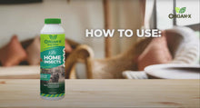 Organ-X Bug Killer powder bottle on a table with instructions on how to use against home insects.