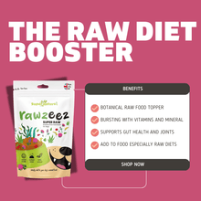 Rawzeez Super Raw Botanical Food Boost for Dogs with benefits list and a pink background.