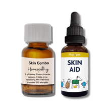 Bottle of Skin Aid and Skin Combo homeopathy for dogs with itchy paws