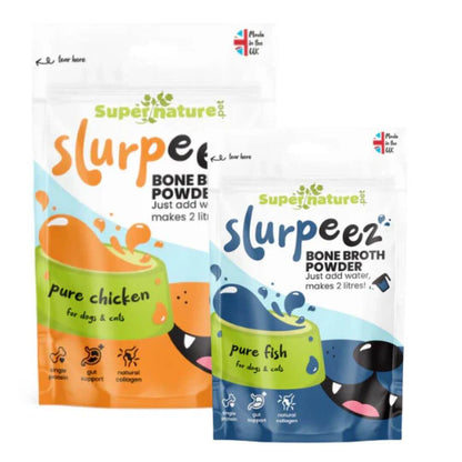 Slurpeez Bone Broth Powder for dogs and cats in chicken and fish flavors, 2-liter packs, rich in collagen and minerals.