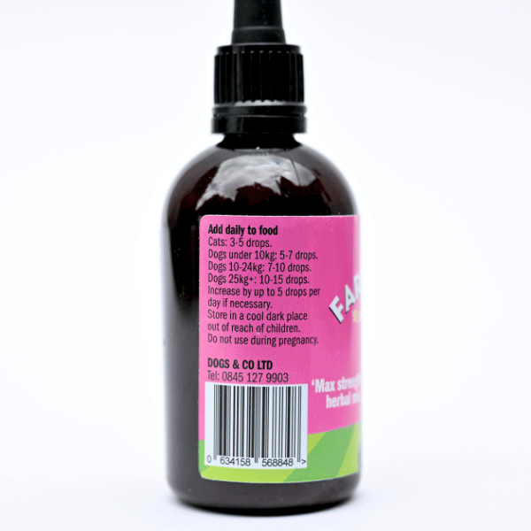 Natural flea treatment bottle for dogs with herbal ingredients details on label.