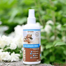 Lucaa+ Pet Probiotic allergen-free skin spray bottle for dogs surrounded by greenery. Ideal for itchy skin relief.