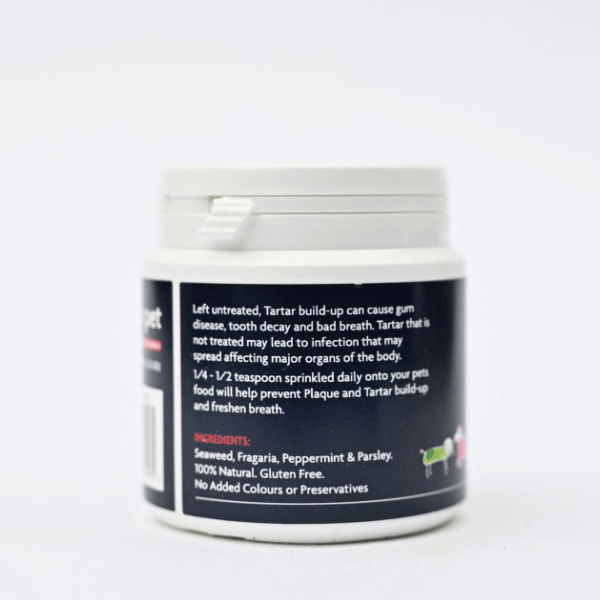 Tartar X dog breath freshener and tartar control supplement packaging with ingredients listed.