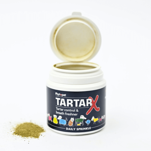 Tartar X dog breath freshener and tartar control supplement open jar with powder sprinkle.