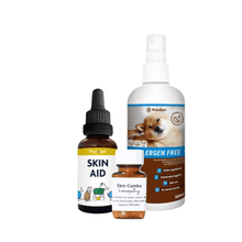 Bottle of Skin Aid, Skin Combo homeopathy and Provilan Probiotic Spray for dogs with yeasty skin